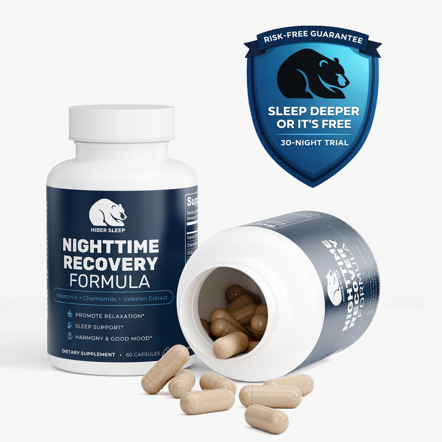 Nighttime recovery formula supplement bottle with open cap showing capsules, on a white background.