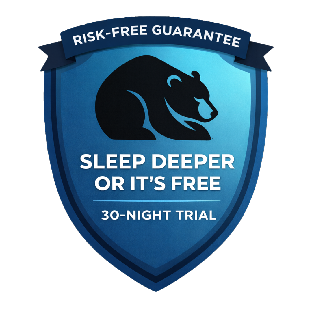 Blue shield with a bear logo and text about a risk-free guarantee and 30-night trial offer.