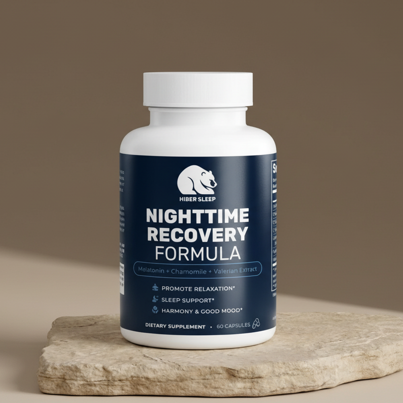Bottle of 'Nighttime Recovery Formula' on a beige surface with a brown background