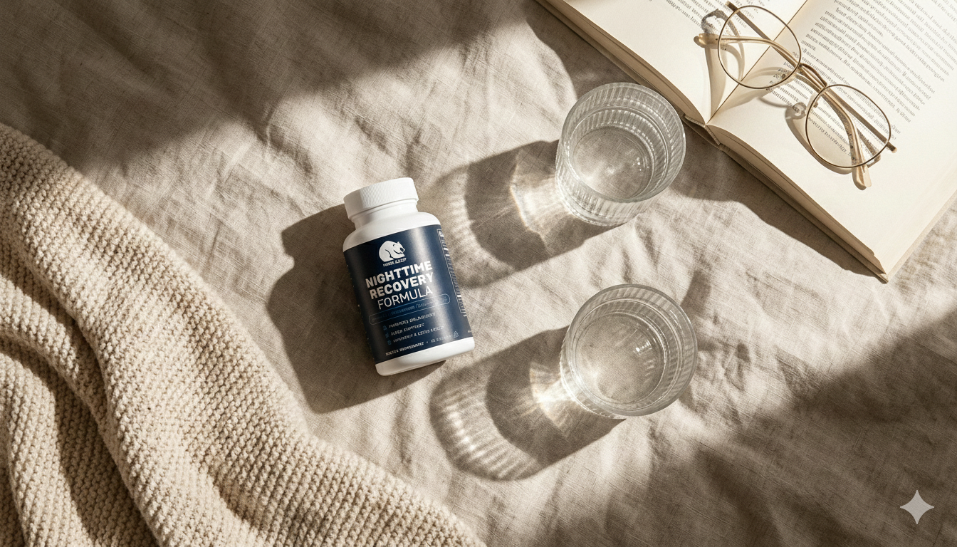 Supplement bottle labeled 'Recovery' on a textured surface with glasses of water and a book.