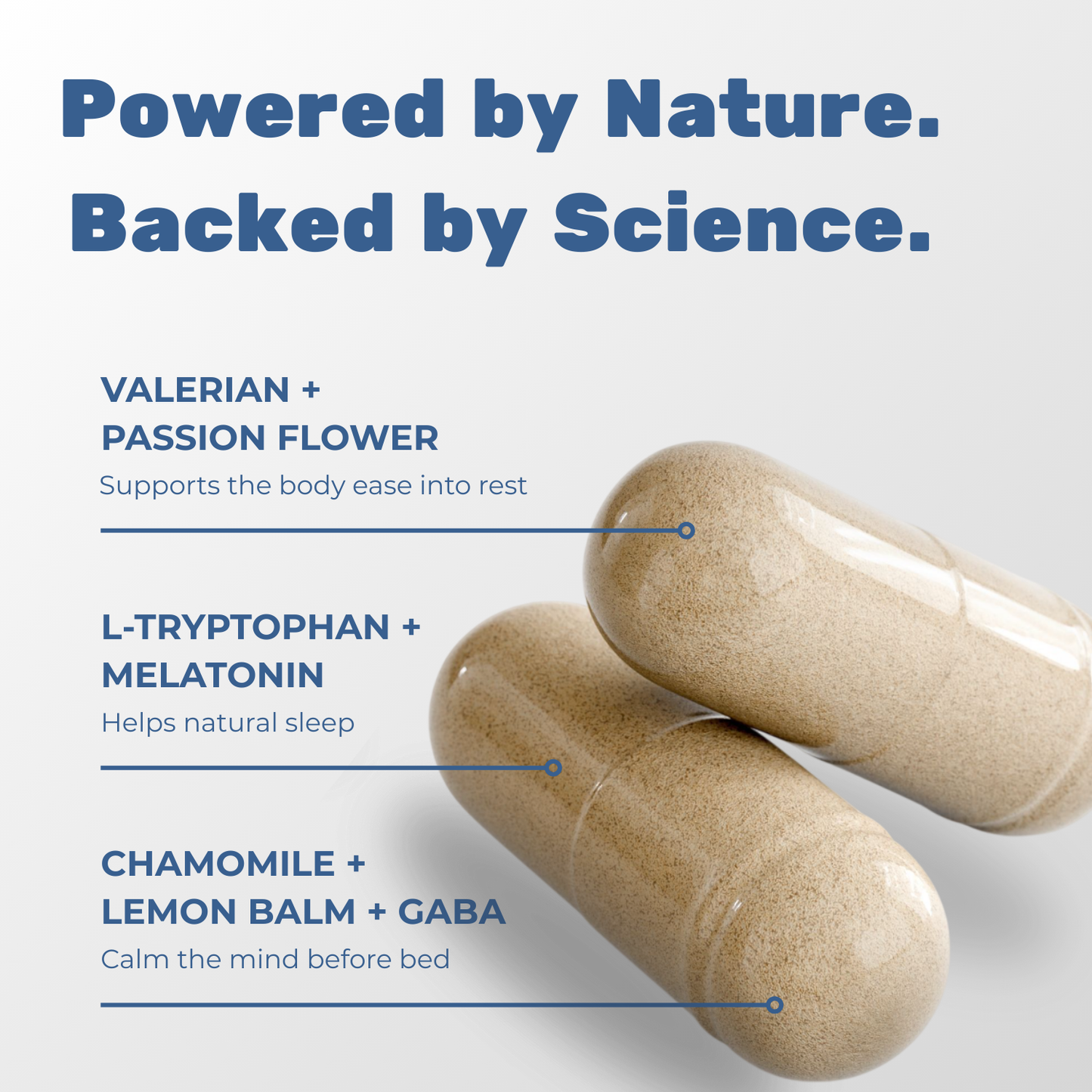 Two capsules with text about natural sleep support ingredients on a light gray background