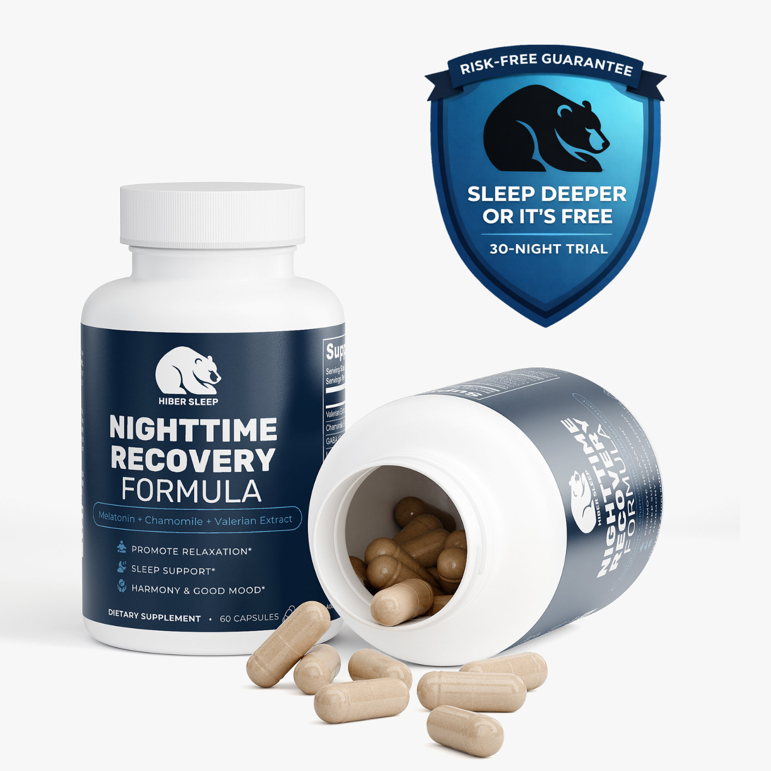 Nighttime recovery formula supplement bottle with open cap showing capsules, on a white background.