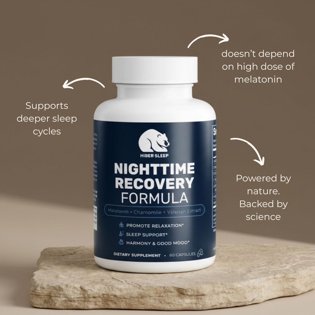 Supplement bottle labeled 'Nighttime Recovery Formula' on a wooden surface with text about its benefits.