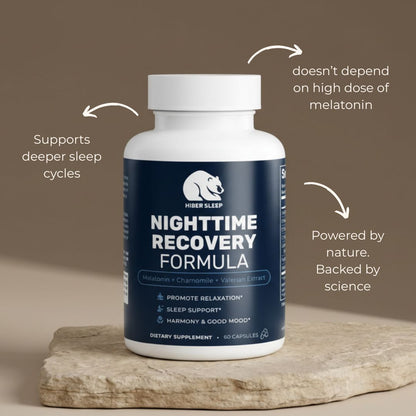 Supplement bottle labeled 'Nighttime Recovery Formula' on a wooden surface with text about its benefits.
