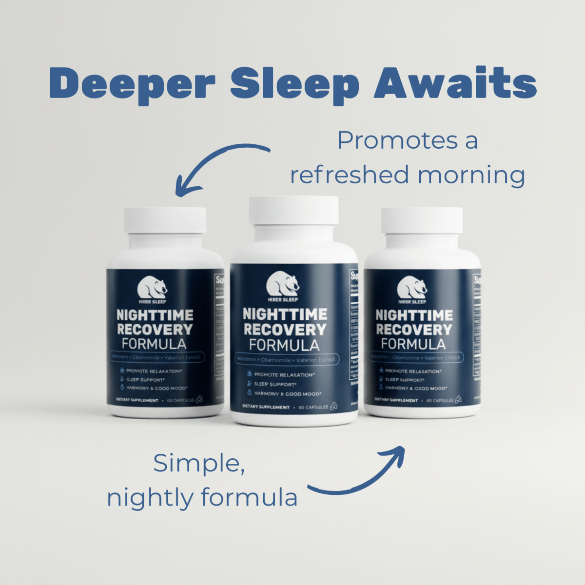Three bottles of Nighttime Recovery Formula with promotional text on a light gray background