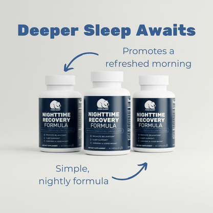 Three bottles of Nighttime Recovery Formula with promotional text on a light gray background