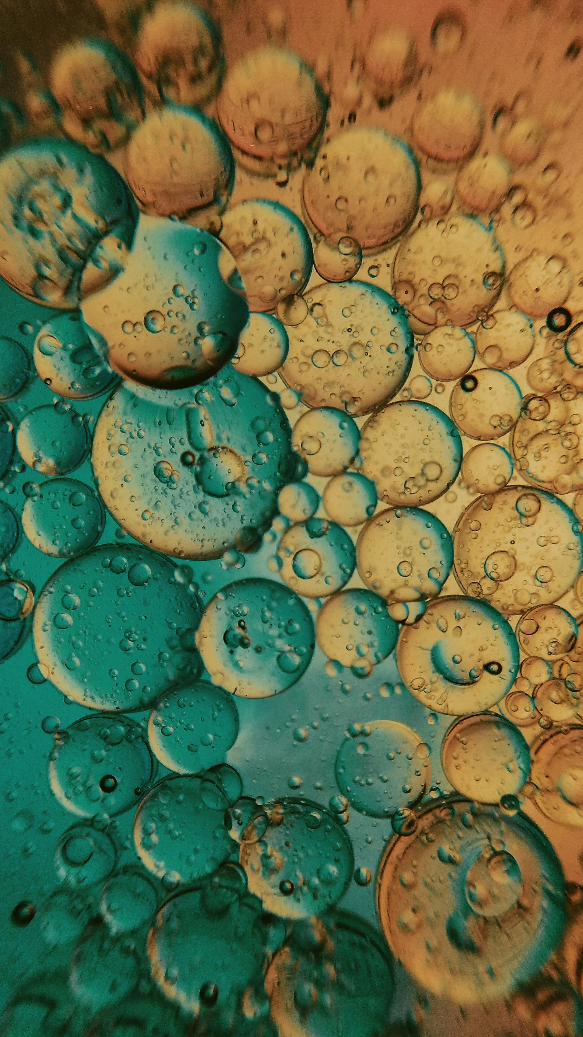 Close-up of oil and water bubbles on a colorful background